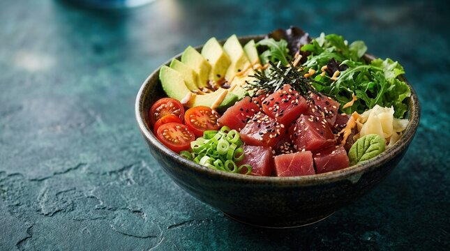 A healthy raw fish poke bowl with fresh tuna, avocado, and cherry tomatoes.