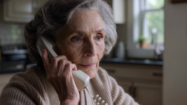 Worried senior woman answering landline phone at kitchen table, elderly scam call concept, vulnerable senior listening anxiously at home, cinematic