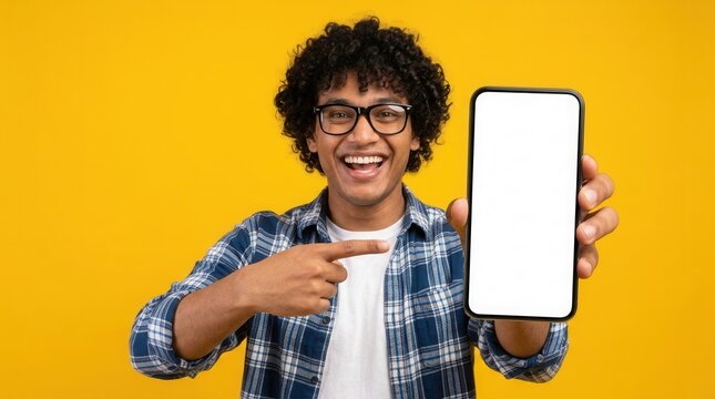 Cheerful guy presenting a mobile phone for digital marketing and app promotion.