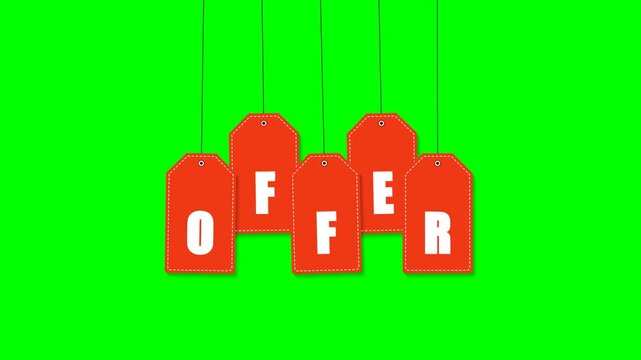 5 hanging red offer price tags spelling OFFER with realistic pendulum physics swinging animation in 4K resolution on green screen.