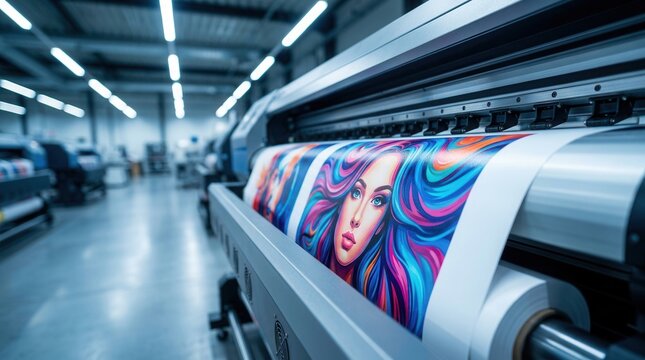 A large format printer generates a vibrant portrait of a woman in a modern factory.