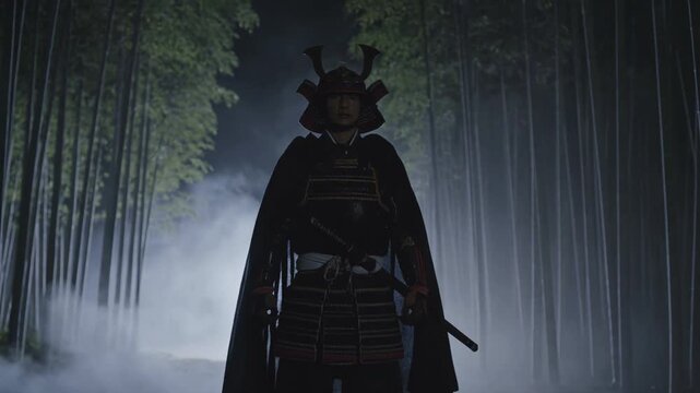 Lone samurai warrior silhouette standing in misty bamboo forest at night, traditional japanese armor and cape in fog, cinematic moody atmosphere