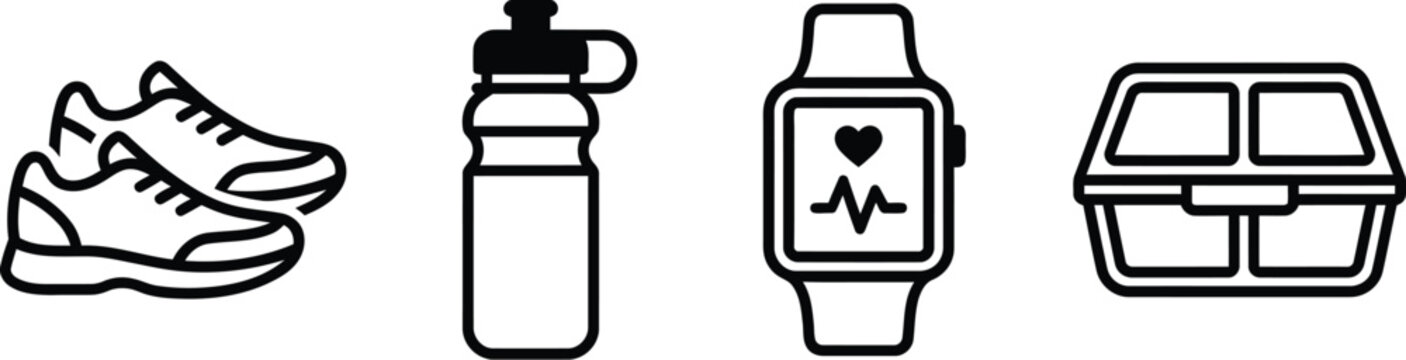 Set of four fitness and healthy lifestyle icons including running shoes, water bottle, smartwatch, and meal prep container