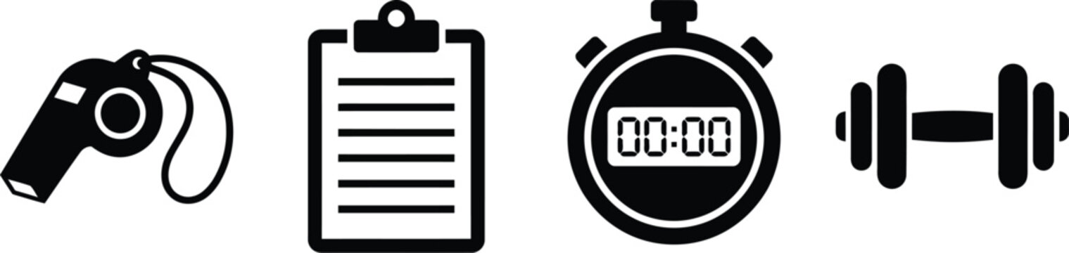 Set of fitness and sports icons including a whistle, clipboard, stopwatch, and dumbbell