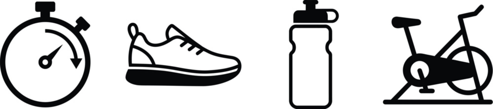 Set of fitness and exercise icons including a stopwatch, running shoe, water bottle, and stationary bike