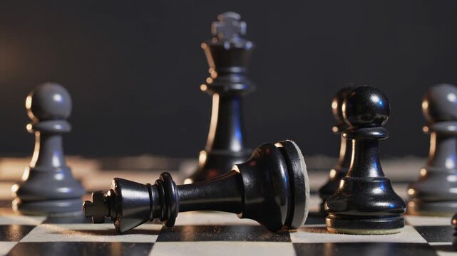 Hand knocking over black king chess piece on chessboard, checkmate defeat and losing strategy concept, moody dark dramatic lighting close up