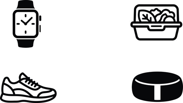 Set of four icons representing healthy lifestyle, fitness, and nutrition
