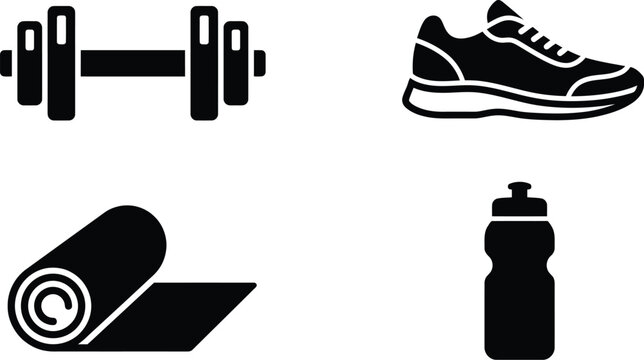 Set of black fitness and workout icons including a dumbbell, running shoe, yoga mat, and water bottle