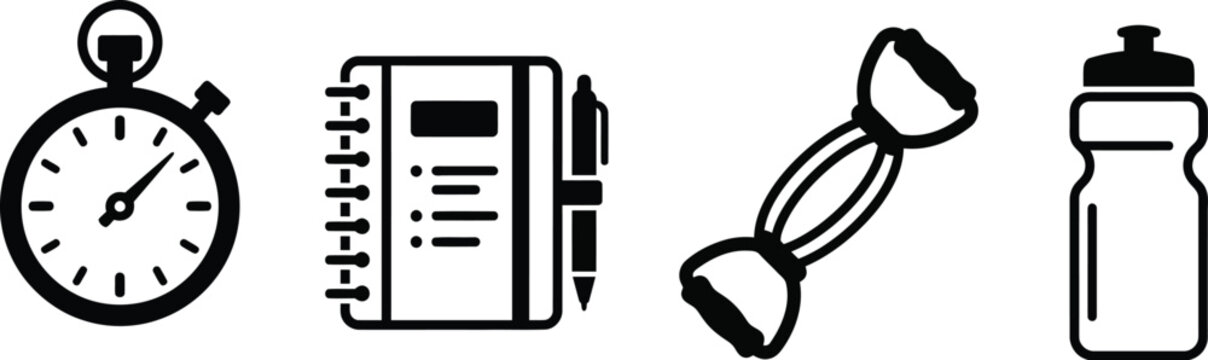 Set of fitness and workout icons including a stopwatch, a training journal with a pen, a resistance band, and a water bottle