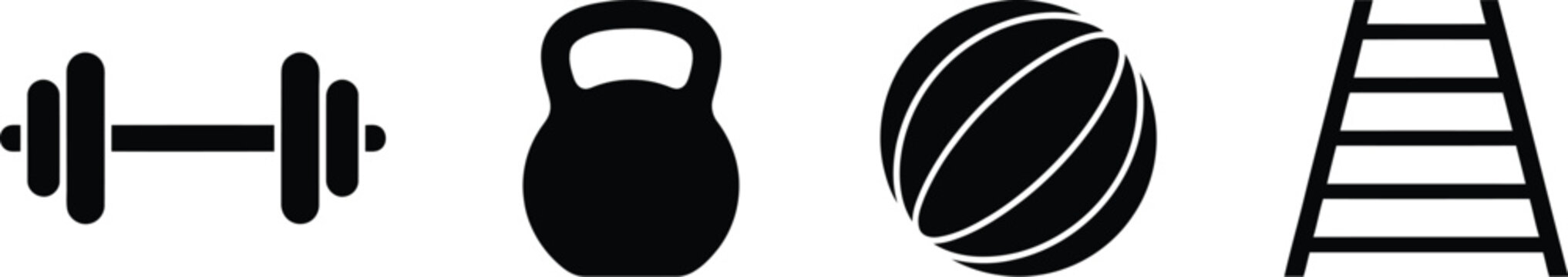 Set of black fitness and gym equipment icons including a dumbbell, kettlebell, medicine ball, and agility ladder