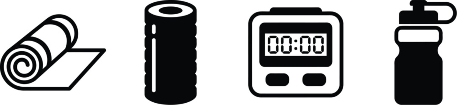 Set of fitness and workout equipment icons including a yoga mat, foam roller, digital timer, and water bottle