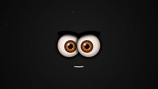 Cute cartoon monster face with expressive bulging eyes looking around on a dark particle background