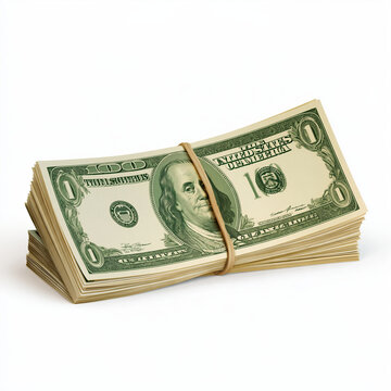 Stack of One Dollar Bills: A neatly bundled stack of one dollar bills secured with a rubber band, representing financial value and abundance.