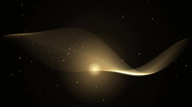 Gold Wavy Lines Motion Background with Floating Light Particles and Smooth Elegant Curving Patterns