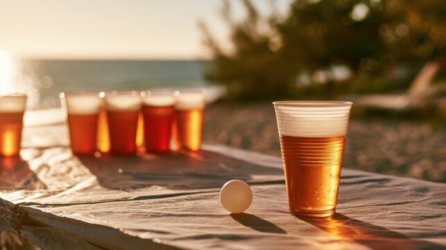 Plastic cup filled with amber liquid and white ping pong ball on outdoor table for beer pong game at sunset near water and trees