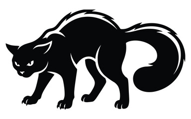 Fototapeta premium Black cat silhouette with arched back in a defensive posture isolated on white background