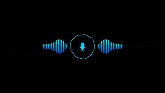 Microphone audio waveform visualization with glowing blue bars on a black background for sound recording