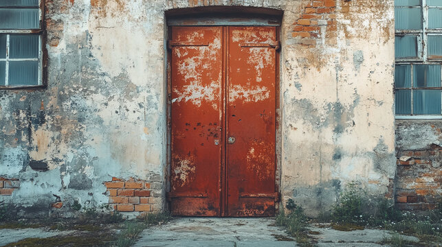 A weathered rustic red metal double door set within a crumbling concrete and brick industrial building facade featuring old vintage grid windows for editorial and commercial backdrop background design