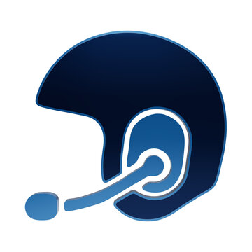 Blue 3D pilot helmet icon with attached communication headset and microphone boom on dark background isolated on a transparent background