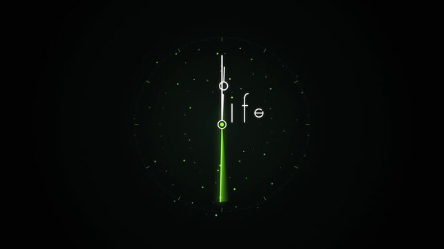 Digital clock with a sweeping green hand and life text symbolizing time passing on a dark background