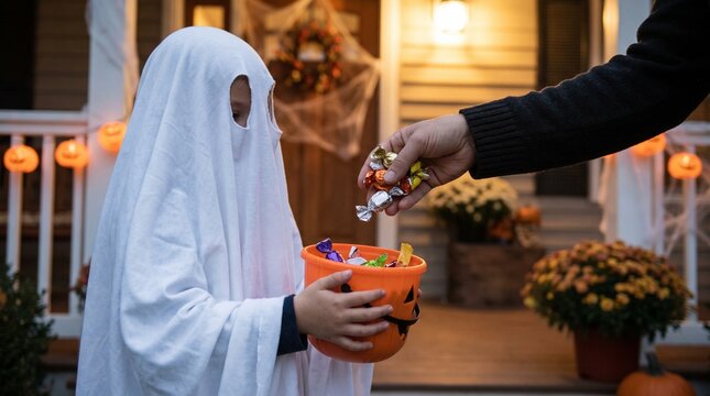 Child in ghost costume trick-or-treating, collecting colorful candy from an adult on a festive Halloween decorated porch