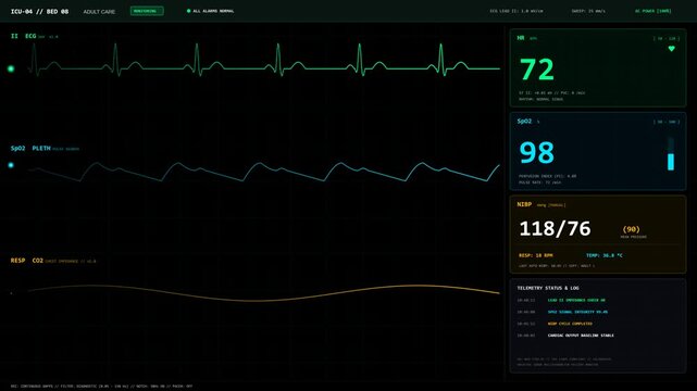 4K hospital ICU patient monitor screen overlay with realistic ECG heartbeat, SpO2 wave, and vital telemetry. Seamless 60fps loop for medical drama and healthcare videos.