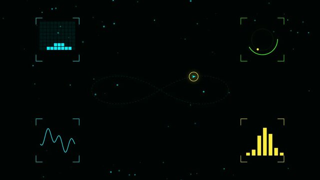 Futuristic hud interface with infinity loop navigation and analytical data charts on dark background