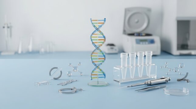A stylized DNA double helix model stands tall on a laboratory bench alongside scientific equipment, representing advancements in genetic research and biotechnology.