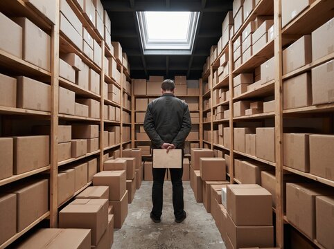 Small business owner seen from behind in a backroom stacked with stockpiled cardboard inventory boxes