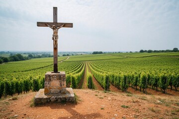 Obraz premium Large wooden crucifix on stone pedestal stands in rural landscape. Christian cross overlooks vast green vineyard with rows of grapevines under cloudy sky. Religious monument overlooks agriculture