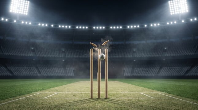Cricket ball powerfully hitting wooden wickets and bails during a dramatic nighttime stadium match under bright floodlights