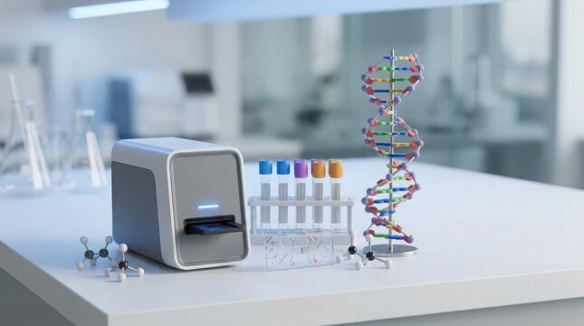 Advanced genomic analysis machine with DNA helix and test tubes in a modern laboratory setting, showcasing scientific discovery and biotechnology