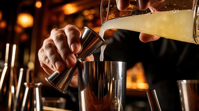 Closeup of pro bartender using metal jigger to measure liquid into cocktail shaker. Hands pour citrus juice from glass pitcher during drink preparation. Mixologist makes refreshing alcoholic beverage