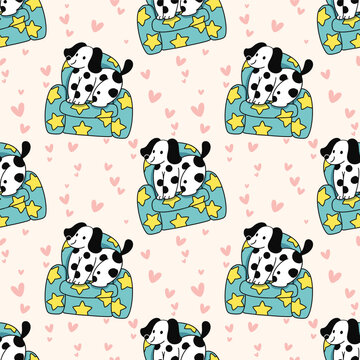 Seamless pattern featuring cute dalmatian puppies sitting on blue star-patterned sofas with pink hearts on a soft cream background. perfect for nursery, fabric, stationery, and kids' products.