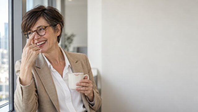 Businesswoman with a pixie cut and round glasses laughing by the office window with a coffee cup, short hairstyle with glasses with copy space