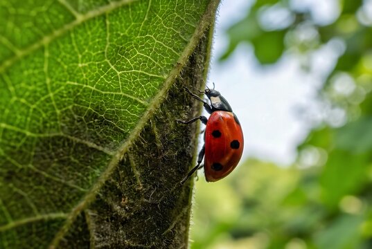 Ladybug hanging under green leaf in natural garden habitat macro