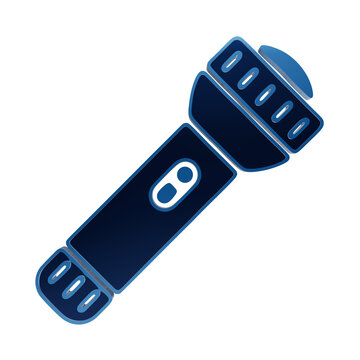 Blue 3D glossy handheld flashlight torch icon symbol featuring a ribbed barrel and an optical lens head isolated on a transparent background