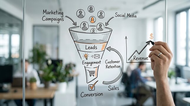 Business professional drawing a marketing sales funnel diagram on a glass office wall.