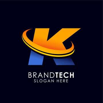 Professional Stylized Letter K Logo Template with Dynamic Orbit Swoosh for Technology and Business Identity Branding in Orange and Blue