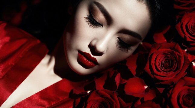 Close up of beautiful young woman with red lipstick, dark hair. Glamour lady lies among red roses. Noir style portrait features dramatic lighting, elegant makeup, silk red dress. Sensual female face