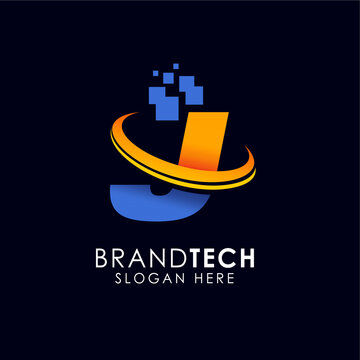Modern Letter J Technology Logo Concept with Digital Pixel Elements and Vibrant Orange and Blue Gradient