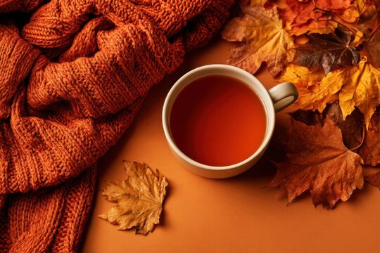 Autumn hot tea mug with knitted scarf and fallen leaves top view