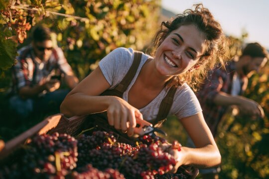 Harvest season smiling woman picking red grapes vineyard