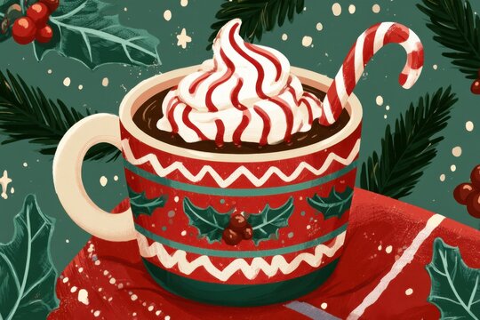 Christmas Mug With Hot Chocolate Drink And Candy Cane