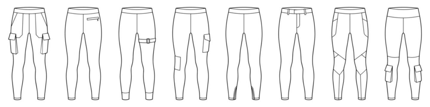 Technical flat sketch set of women cargo pocket utility leggings vector illustration