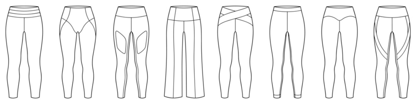 technical flat sketch set of wide waistband yoga leggings and active pants vector illustration