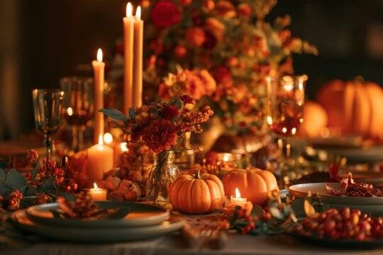 Autumn Thanksgiving Festive Table Decoration With Orange Pumpkins And Candles