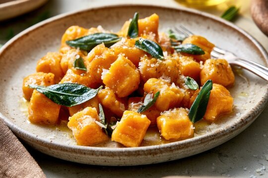 Homemade Pumpkin Gnocchi Sage Butter Italian Pasta Plate Close Up