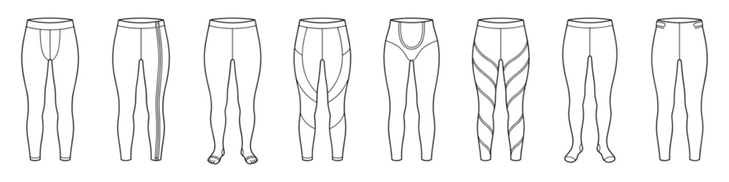 flat sketch set of medical compression, surgical stirrup and athletic leggings vector illustration