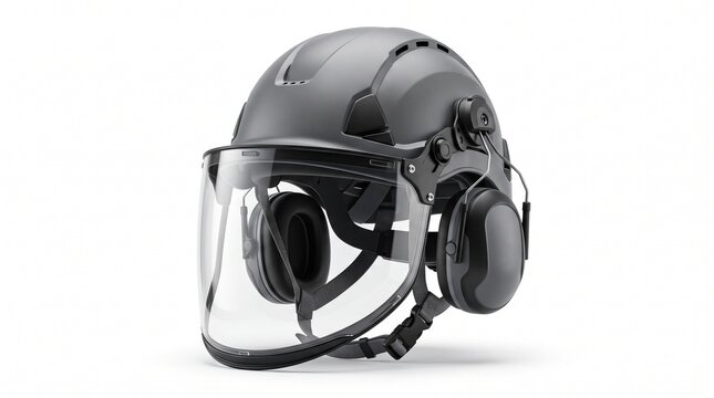 Professional protective helmet with integrated ear defenders and visor for enhanced safety in hazardous work environments